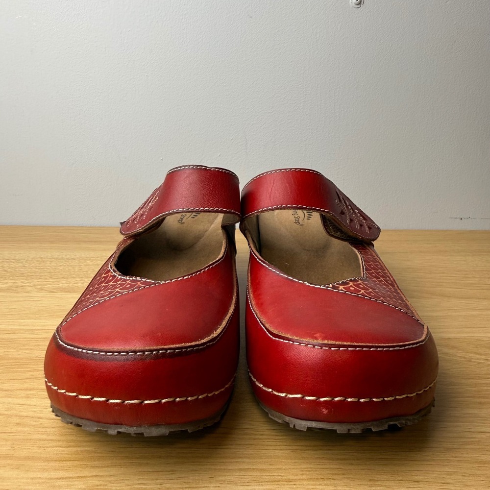 Spring Step Cantelope Clogs Women 39 Red Leather Wedge Mules Cottagecore Art